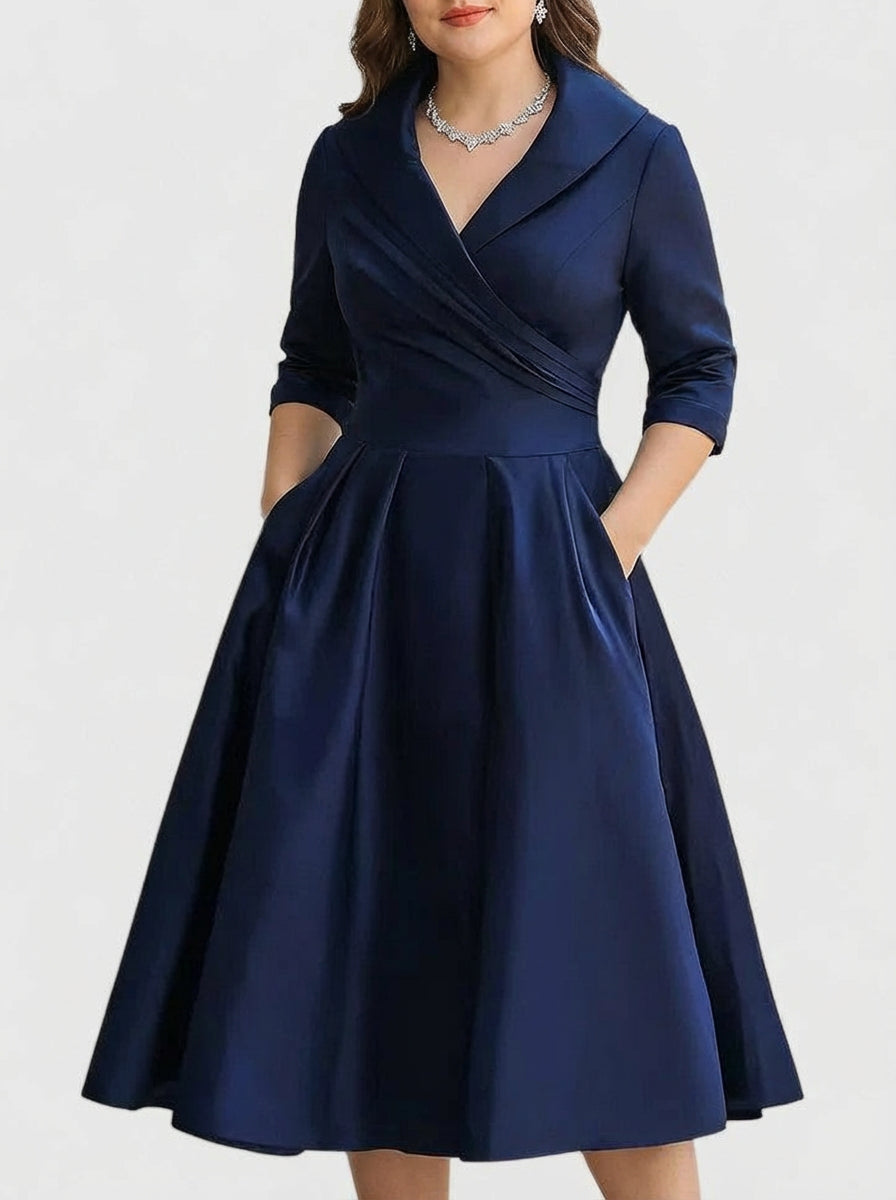 Lydia | Wrap-Collar Satin A-Line Midi Dress