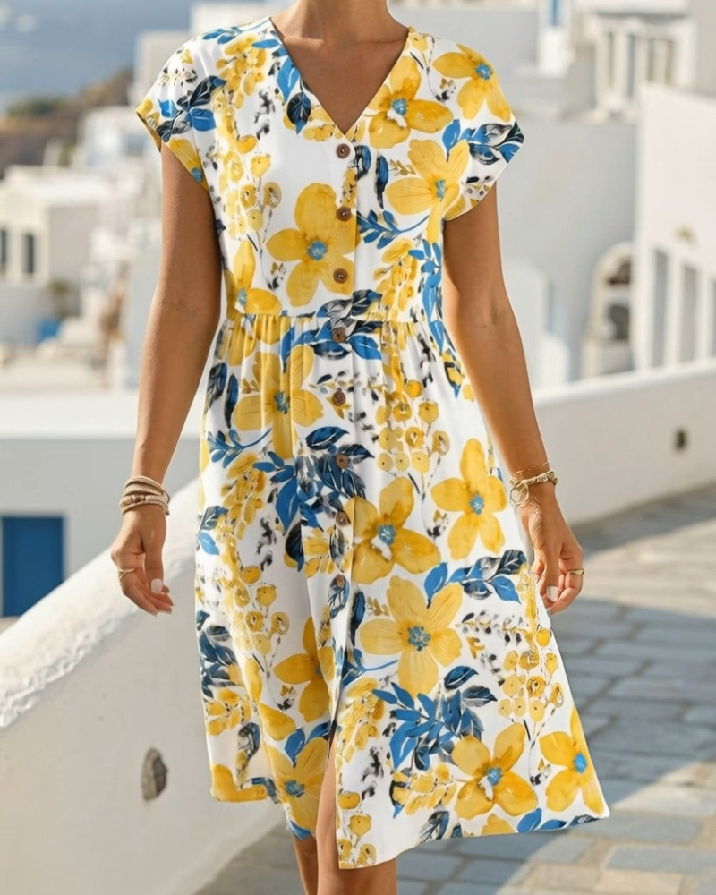 Floral Print V-Neck Short Sleeve Dress