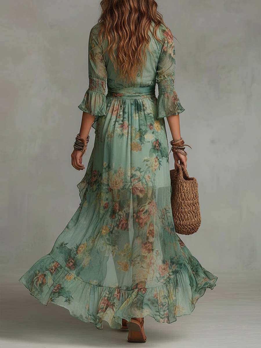 Aurora - long floral boho dress with romantic asymmetrical hem
