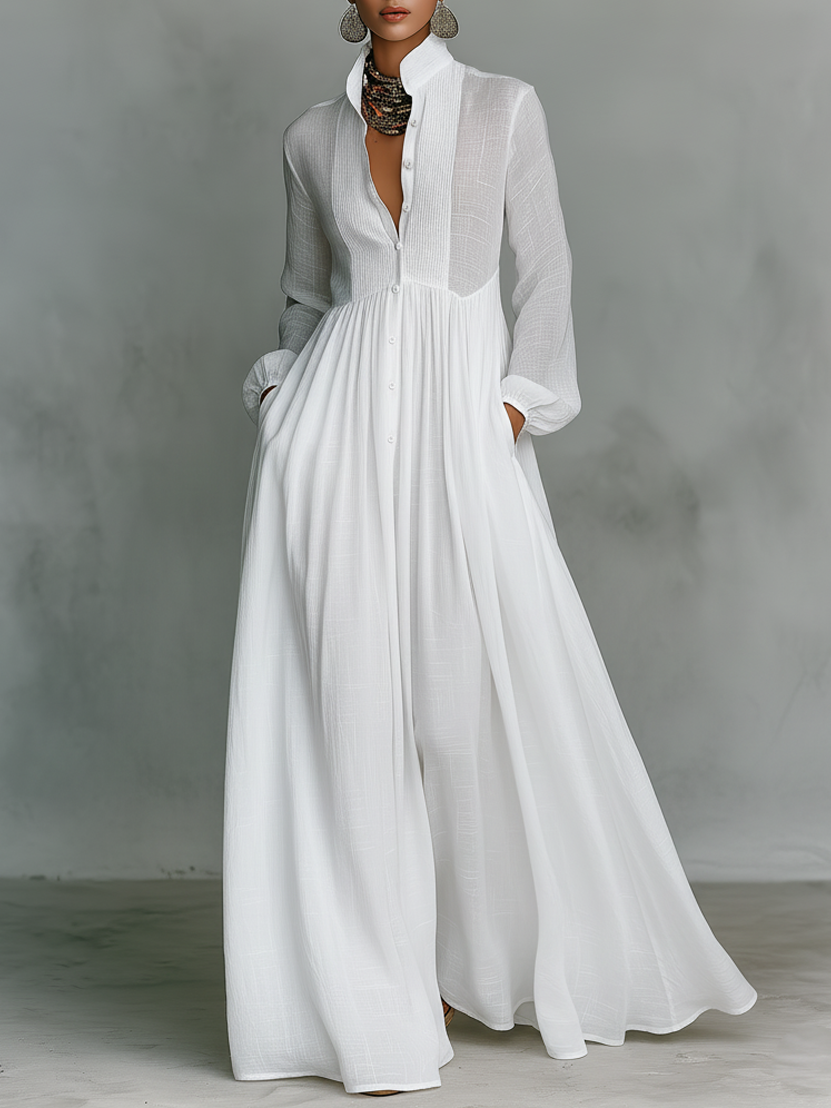 Maxi Minimalist Dress in Cotton and Linen with Patchwork, High Collar and Long Sleeves