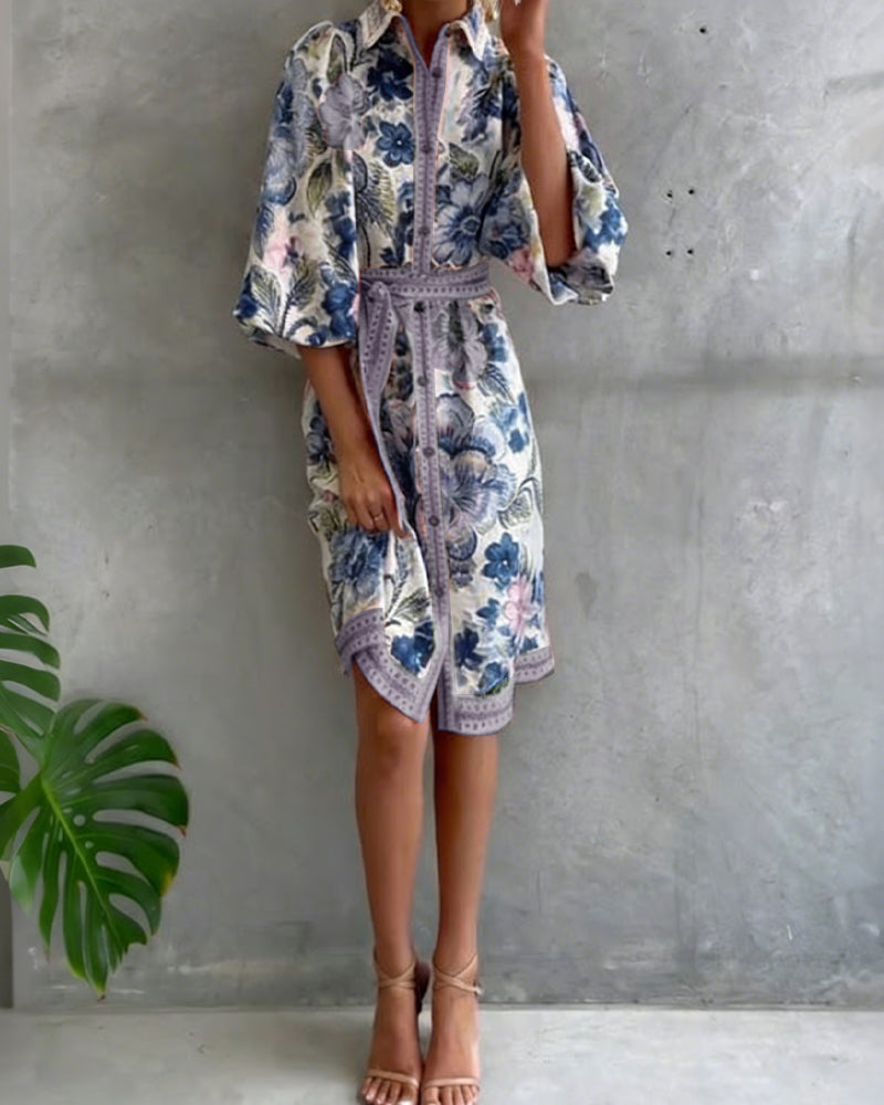 Lantern Sleeve Dress with Notched Collar Print
