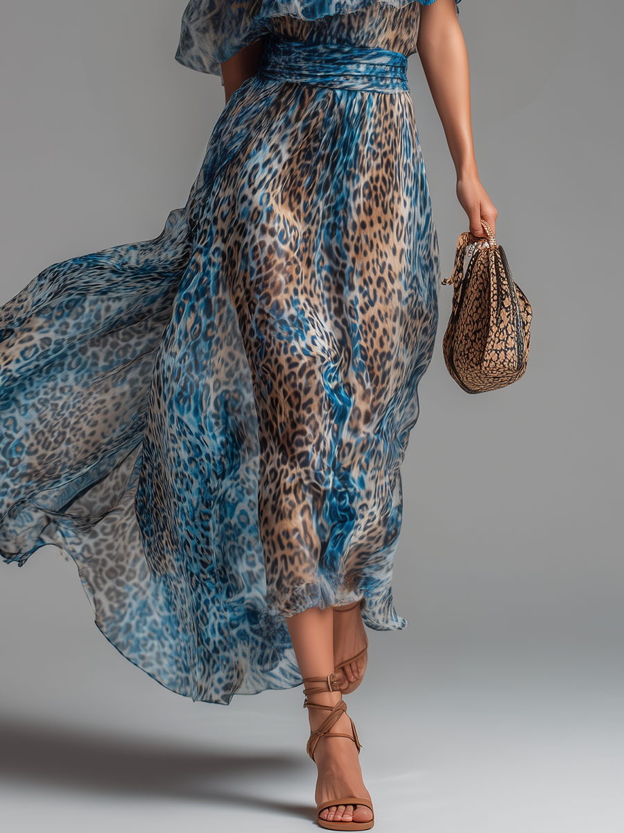 Wild - Long chiffon dress with leopard print and off-shoulder design