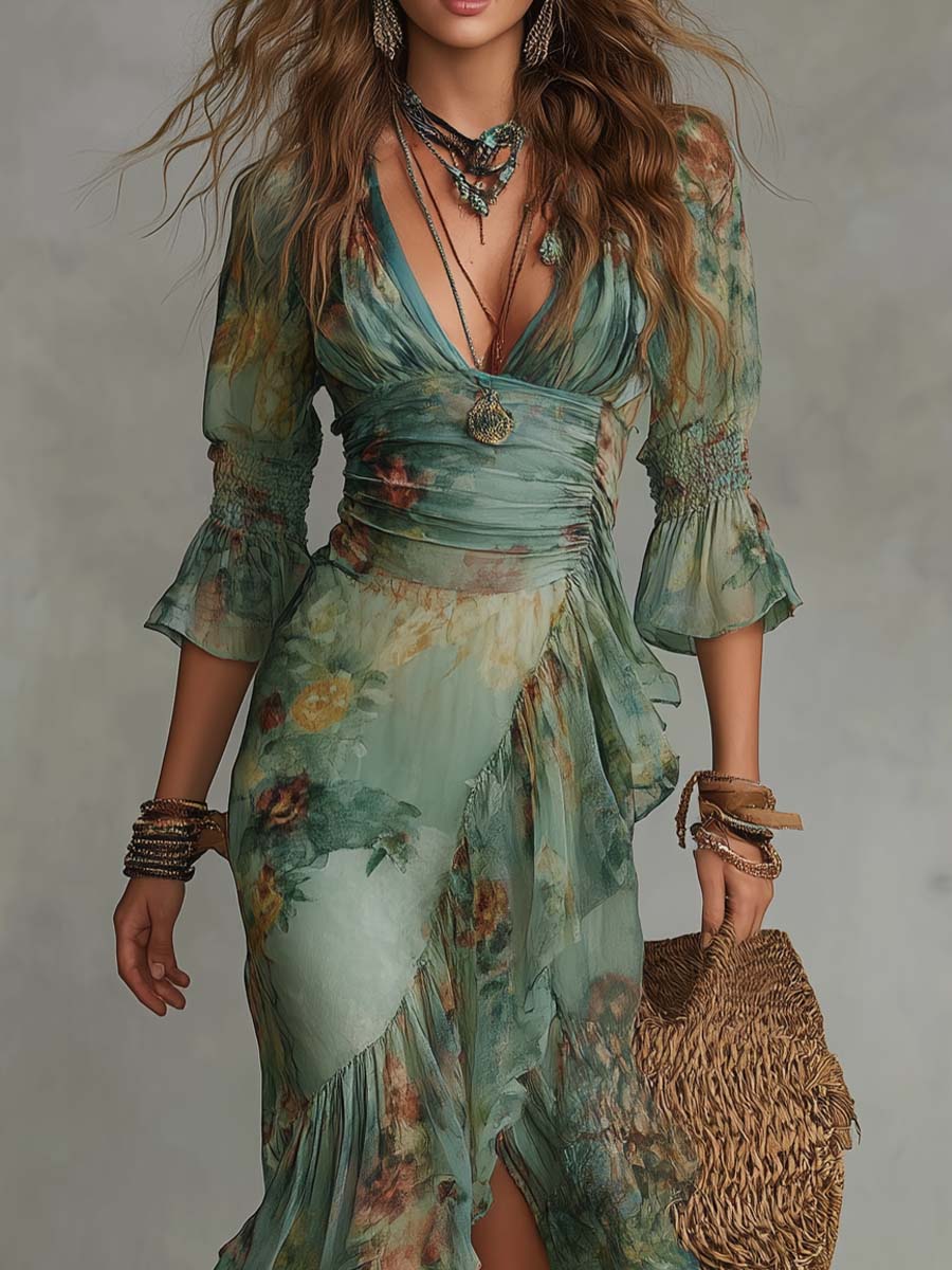 Aurora - long floral boho dress with romantic asymmetrical hem