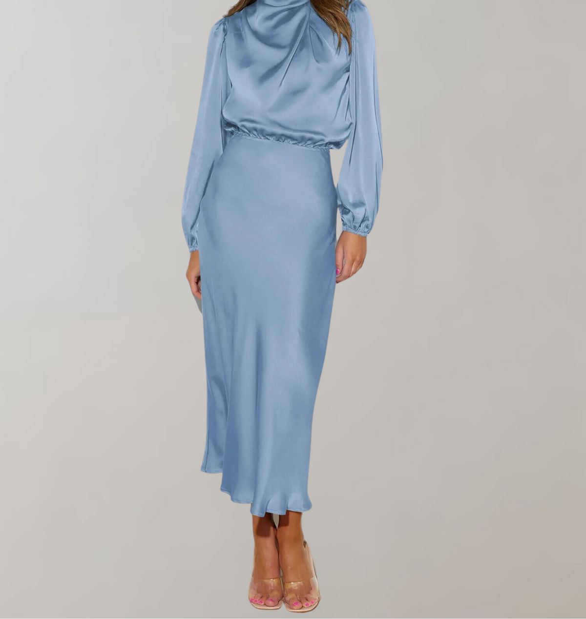 Women’s Satin High Neck Midi Dress Long Sleeve