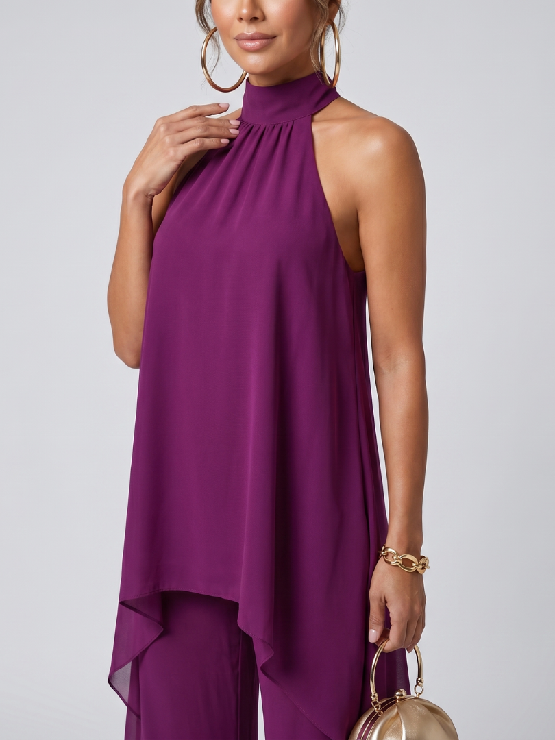 Asymmetric Halter Tunic and Wide-Leg Pants Set