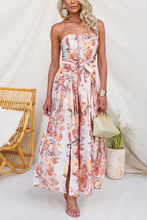Strapless Floral Print Tie Waist Split Wide Leg Jumpsuit