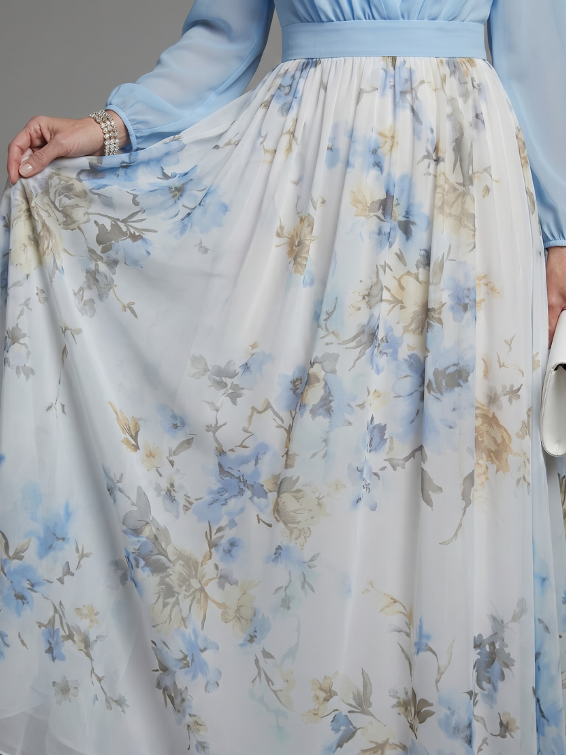 V-Neck Sheer Bodice Floral Maxi Dress