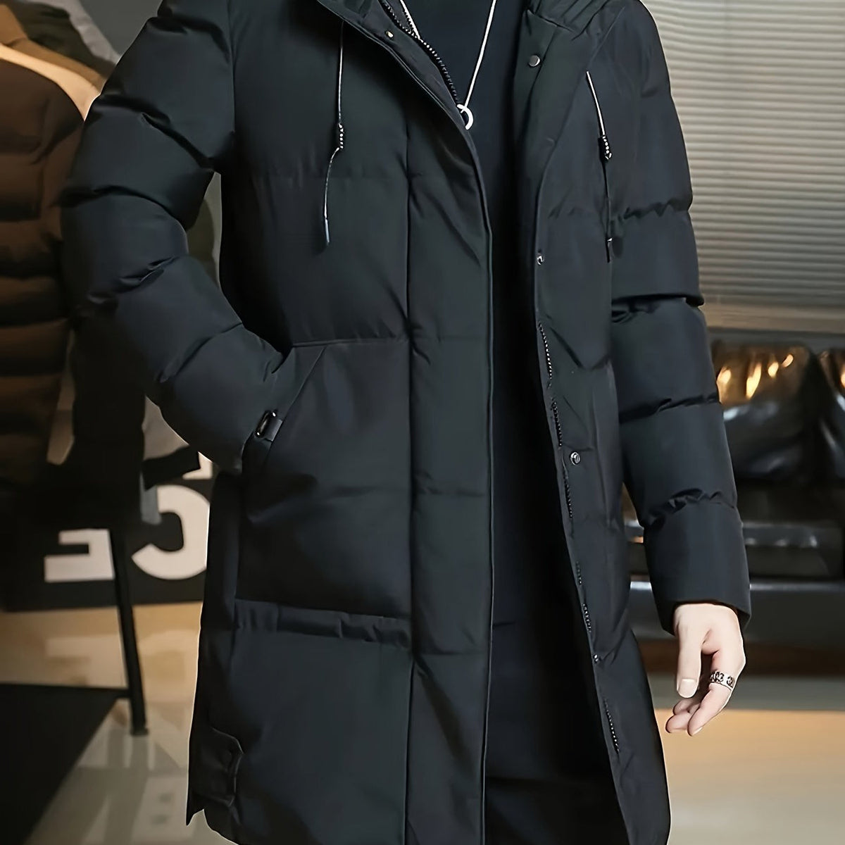 Insulated Longline Hooded Coat with Full-Length Zipper and Adjustable Hood