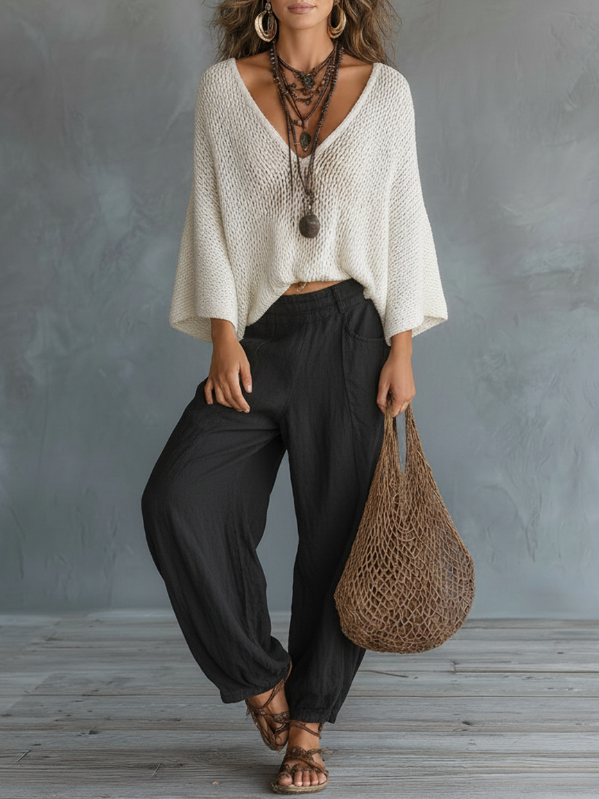 Aisha | Cape-Sleeved Sweater & Harem Pants Set