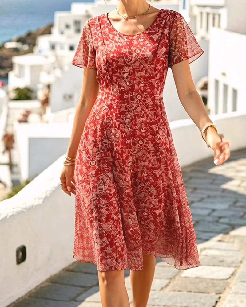 Short Sleeve Floral A-Line Dress