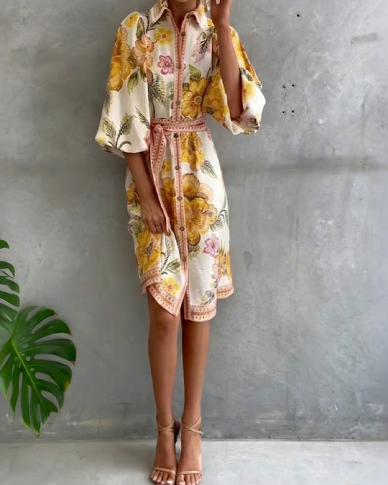 Lantern Sleeve Dress with Notched Collar Print