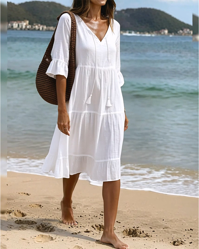 Flared Dress with Half Sleeves and Waist Tie
