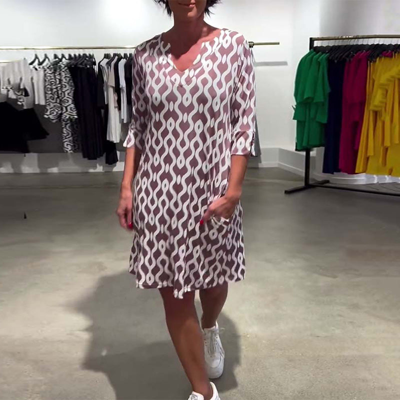 Mid-Length High Collar Printed Dress