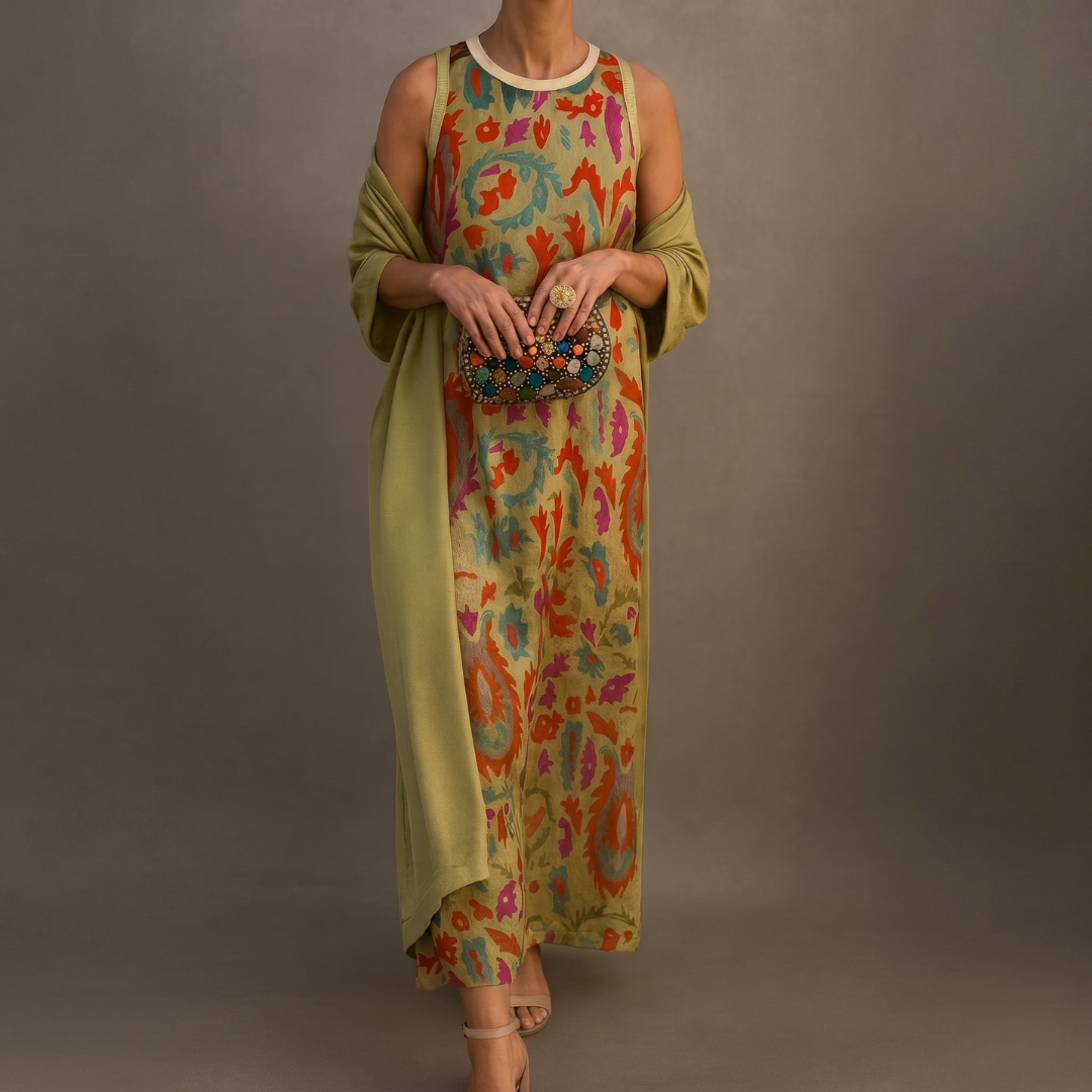 Aura | Long Printed Dress with Coordinated Vest
