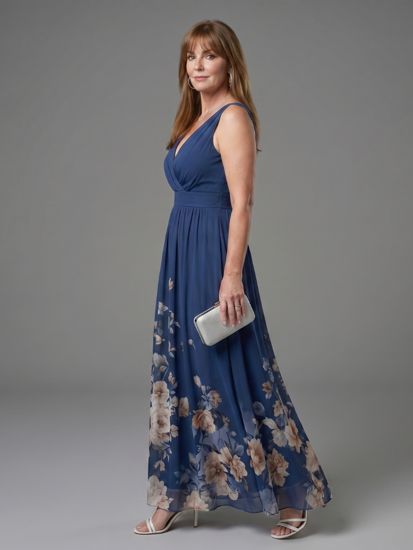 Floral-Hem Sleeveless V-Neck Midi Dress