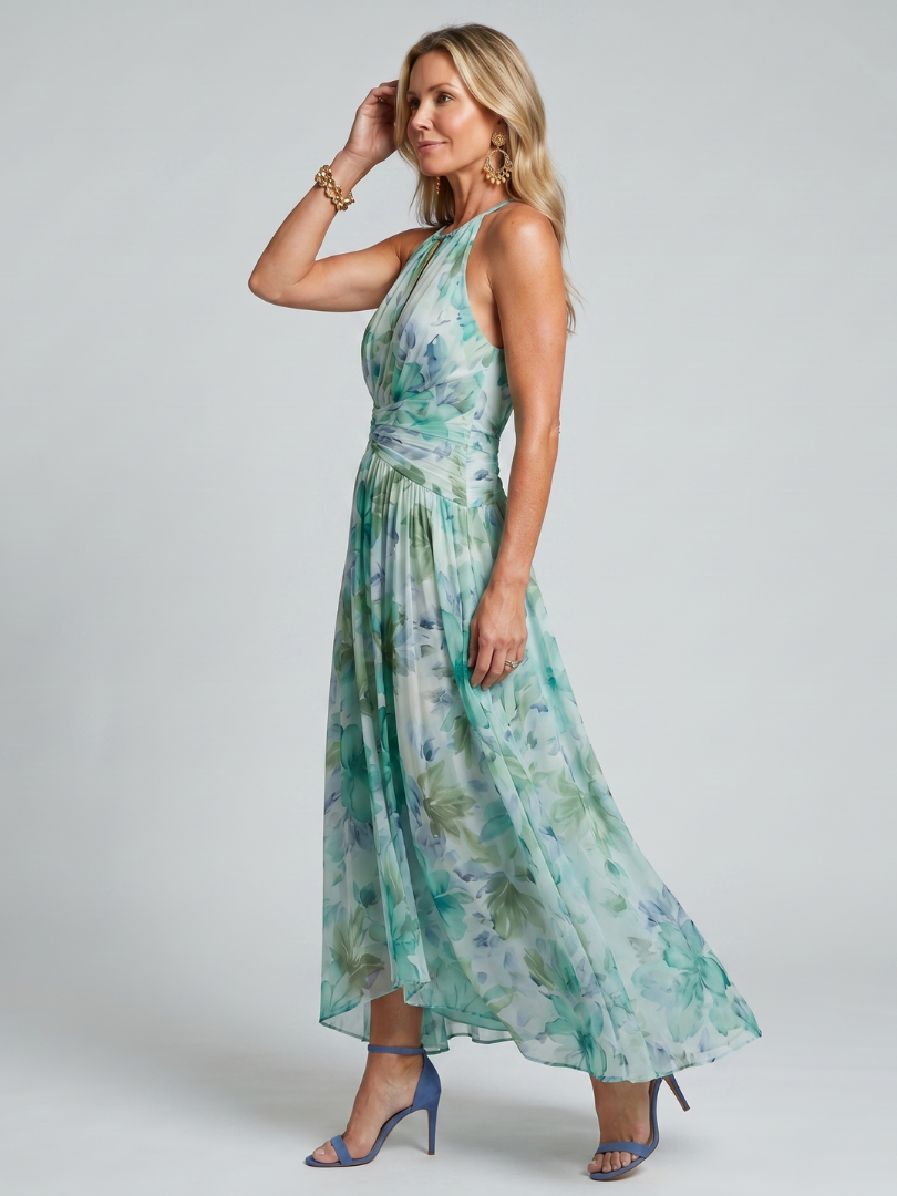 Pleated Halter Floral Midi Dress