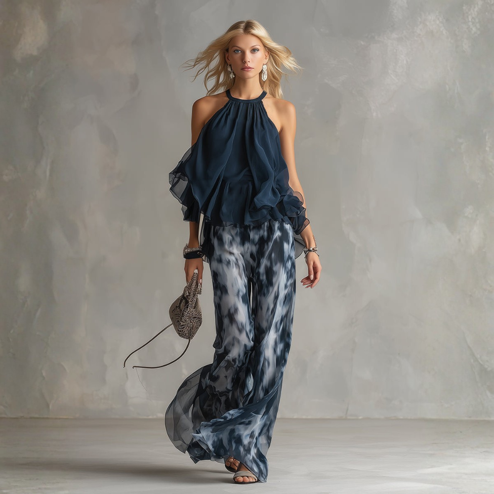 ISABELLA | ELEGANT IN CHIFFON WITH HIGH NECK TOP AND WIDE PRINTED PANTS