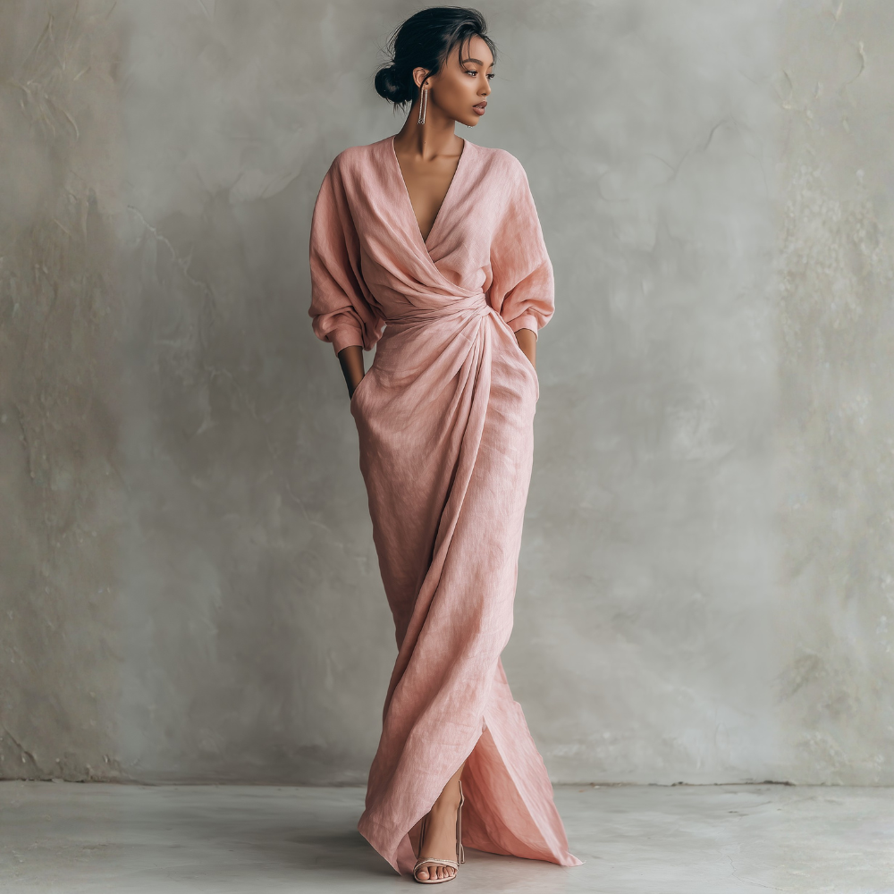 SIMONA | MAXI DRESS IN LINEN WITH V-NECK