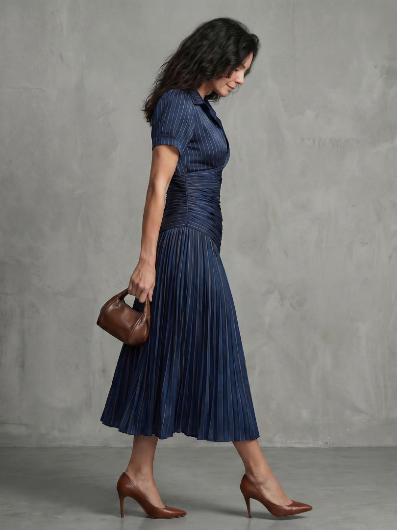 Pleated-Waist Vertical Stripe Midi Dress
