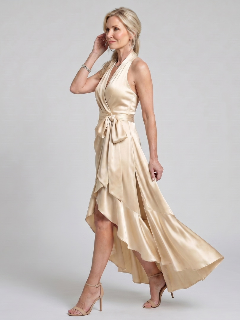 Halter Wrap Asymmetric Hem Midi Dress