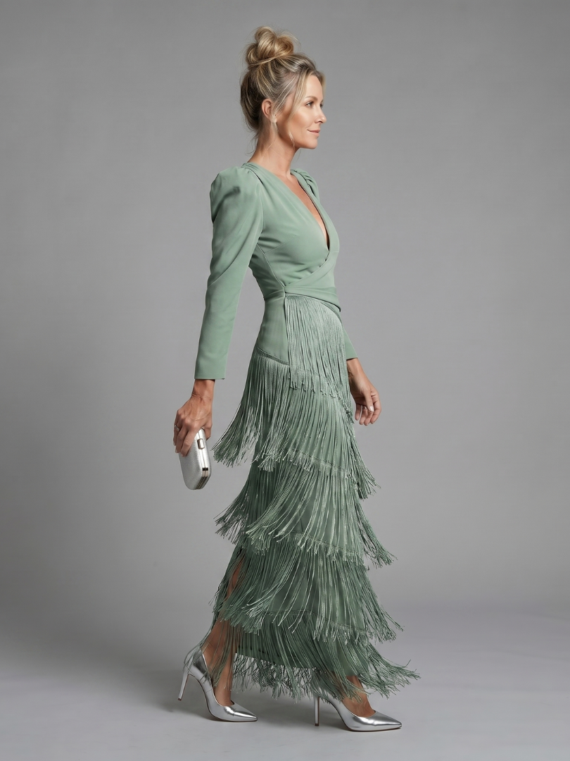 Ava | Long Sleeve Midi Dress with Tiered Fringe Skirt