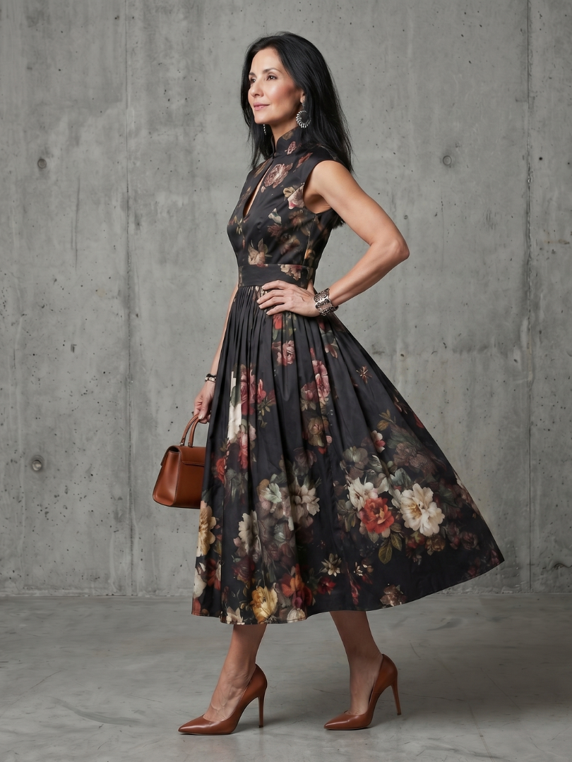 High-Neck Keyhole Floral Pleated Midi Dress