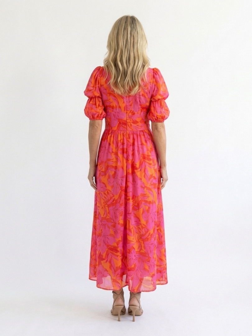 Floral V-Neck Puff-Sleeve Midi Dress