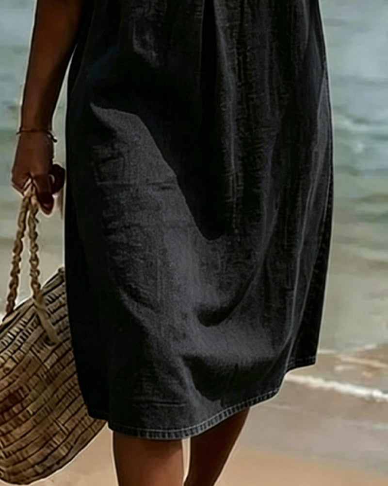 Lotus Leaf Dress with Denim Sleeves