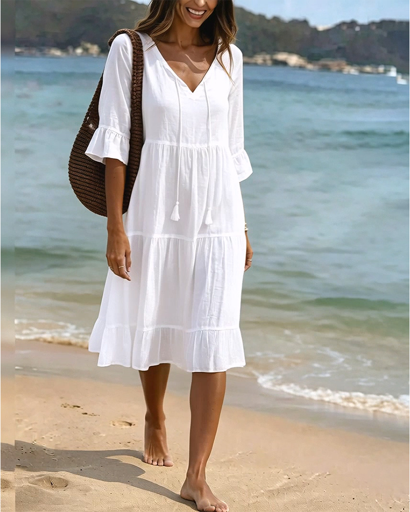 Flared Dress with Half Sleeves and Waist Tie