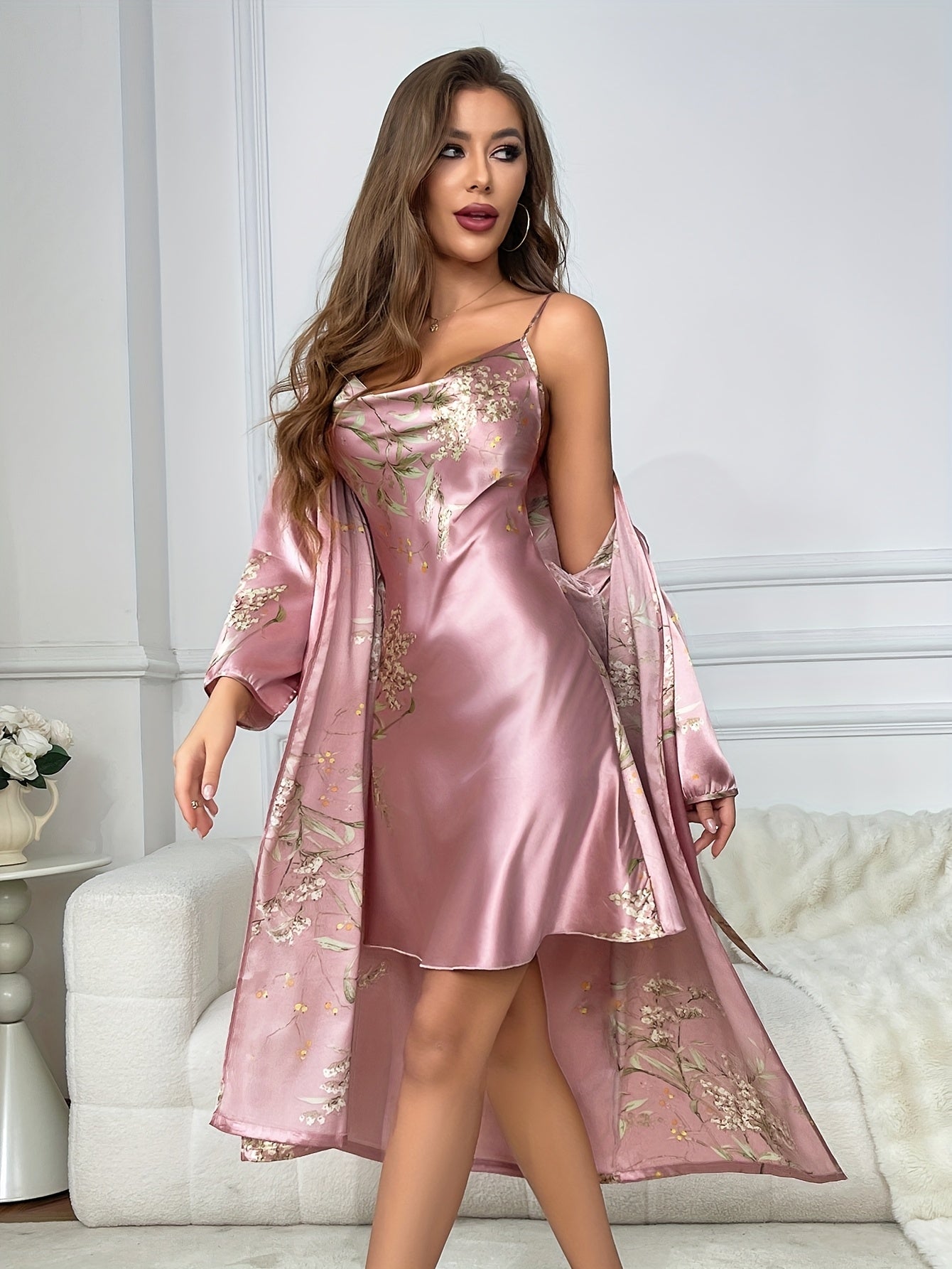 2-Piece Floral Satin Camisole and Robe Set