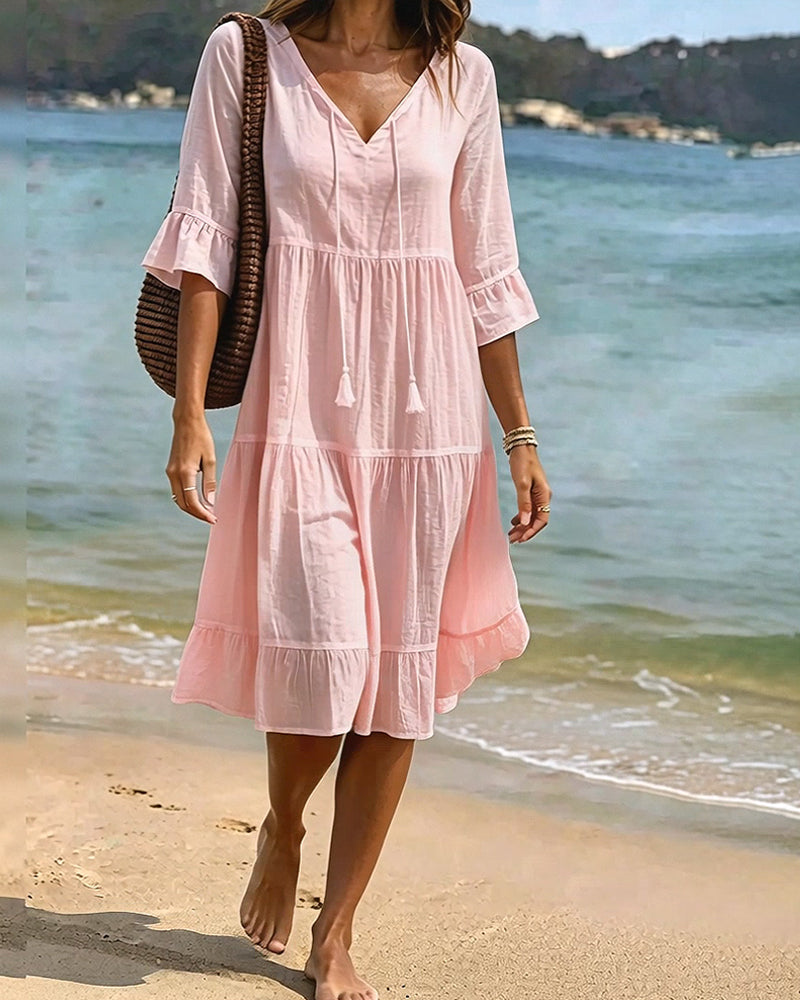 Flared Dress with Half Sleeves and Waist Tie