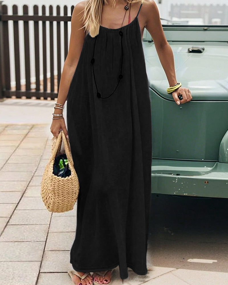 Solid Color Pleated Backless Spaghetti Strap Maxi Dress