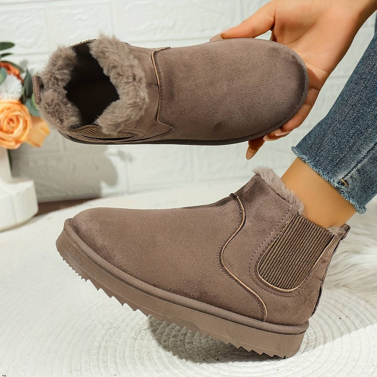 Platform Ankle Boots with Elastic Side Panels and Plush Lining, Textured Grip Sole
