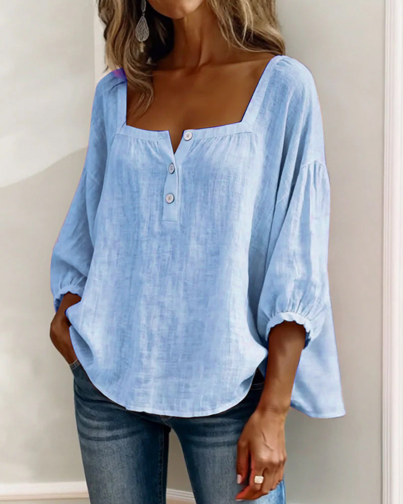 Harper | Cotton-Linen Square Collar Blouse