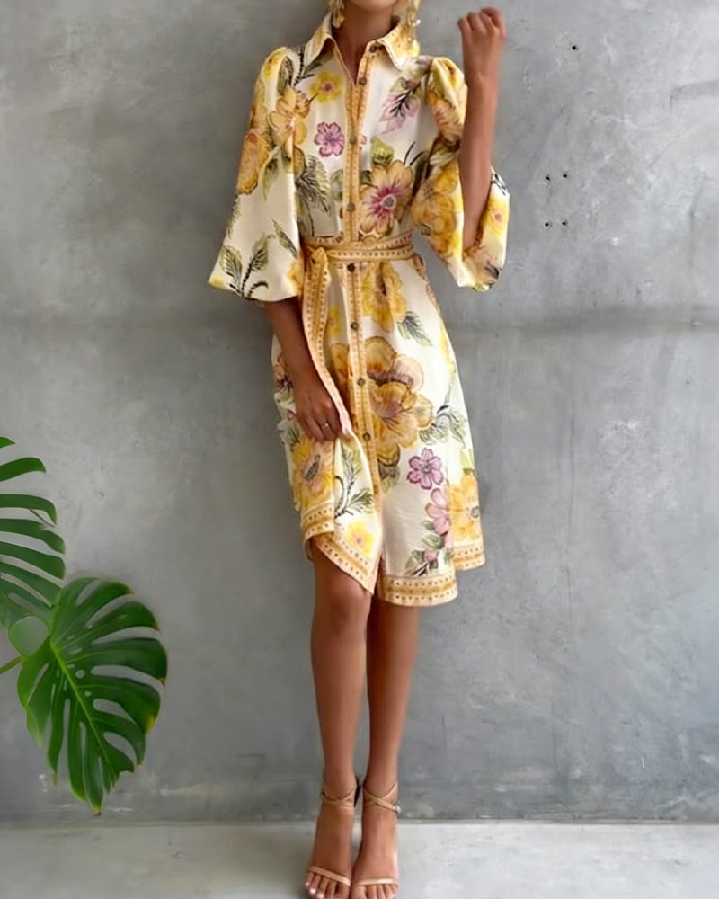 Lantern Sleeve Dress with Notched Collar Print