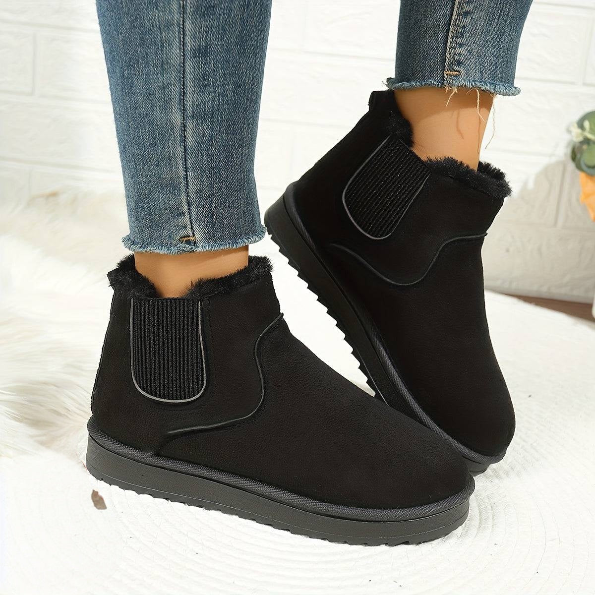 Platform Ankle Boots with Elastic Side Panels and Plush Lining, Textured Grip Sole