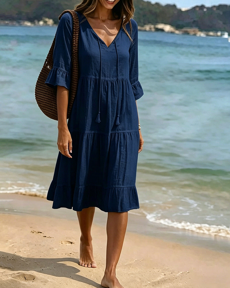 Flared Dress with Half Sleeves and Waist Tie