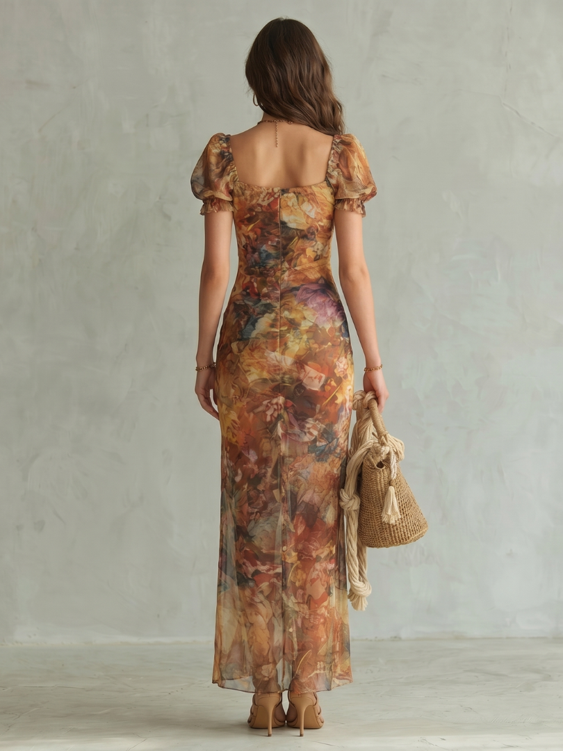 Ruffled-Sleeve Ruched Slit Midi Dress