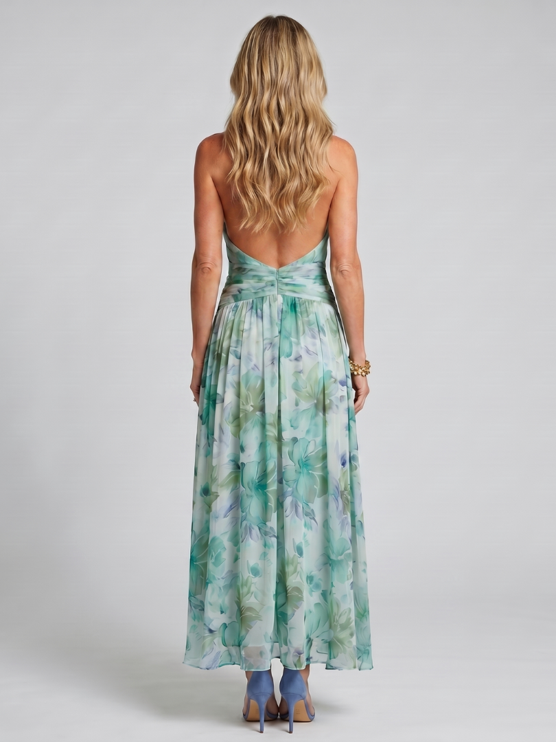 Pleated Halter Floral Midi Dress