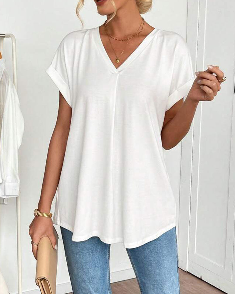 Leila | Cotton-Blend V-Neck Patchwork T-Shirt