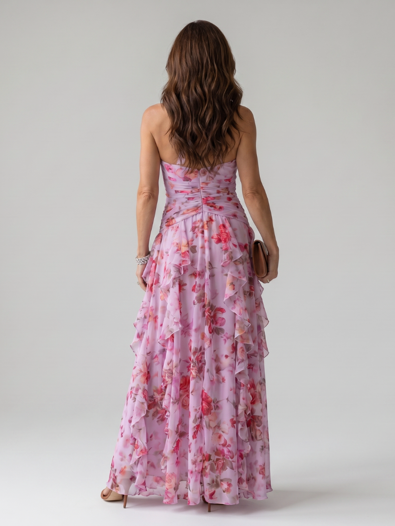 Floral Halter Ruched Bodice Maxi Dress