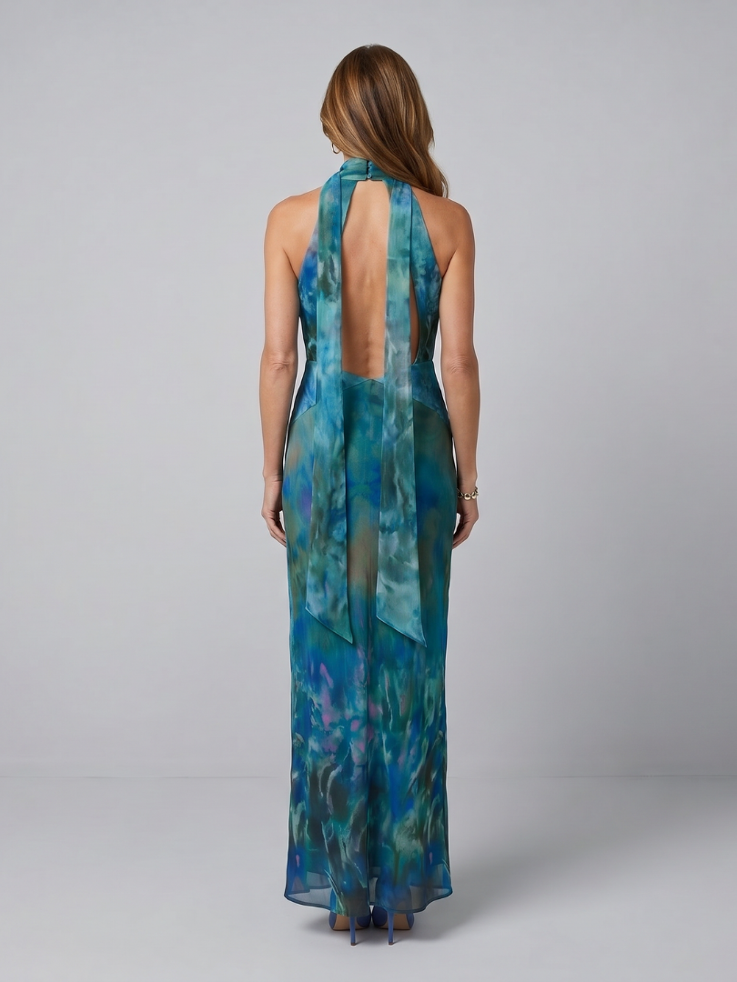 Naomi | Halter Maxi Dress with Sheer Scarf Detail