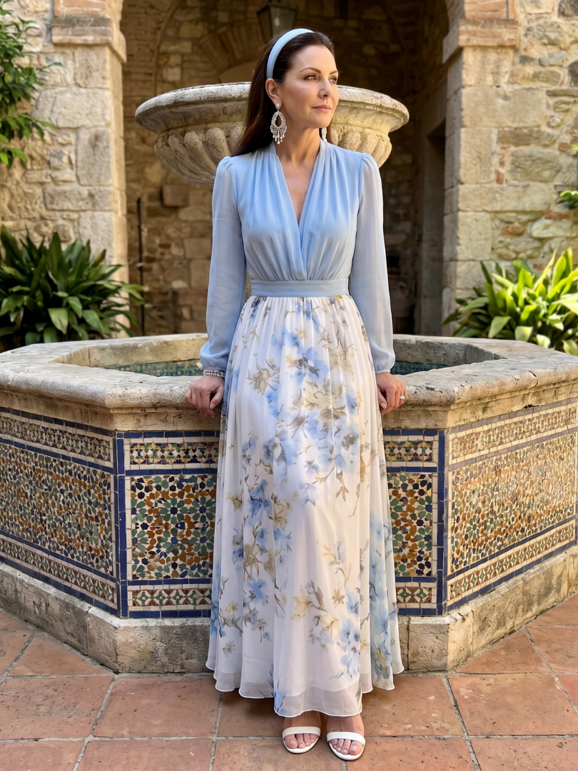 V-Neck Sheer Bodice Floral Maxi Dress