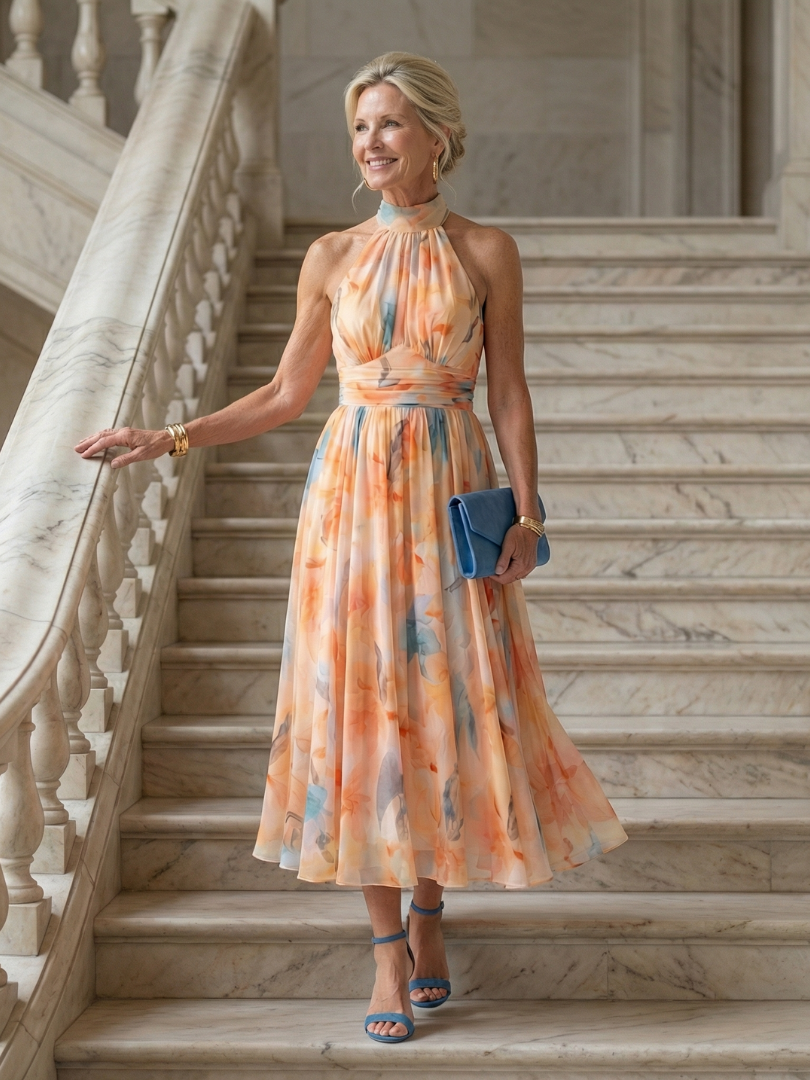 Marisol | Halter Midi Dress with Gathered Bodice