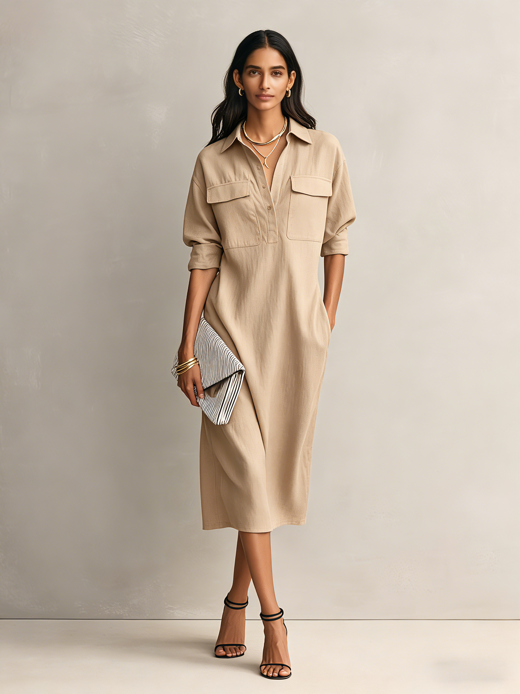 Leah | Cotton-Linen Shirt-Collar Midi Dress