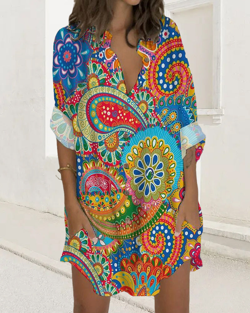 Buttoned Long Sleeve Dress with Pocket