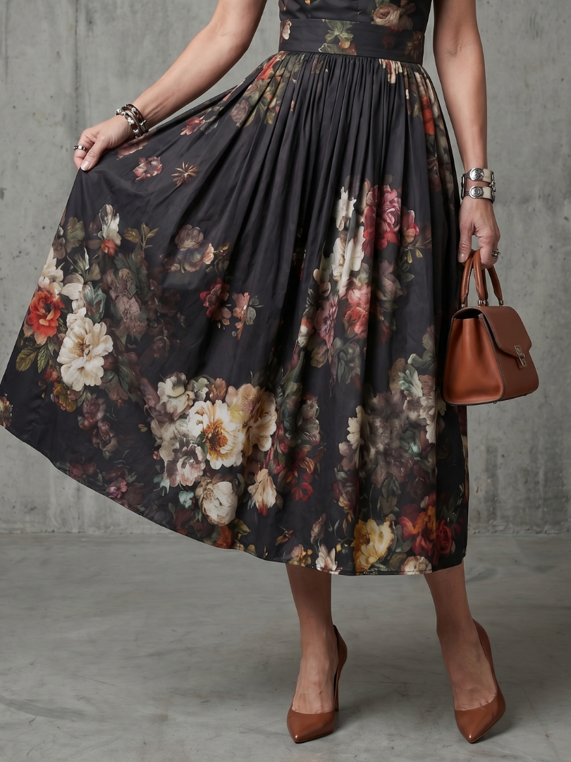 High-Neck Keyhole Floral Pleated Midi Dress