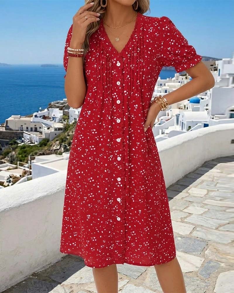 Floral Button-Down V-Neck Dress