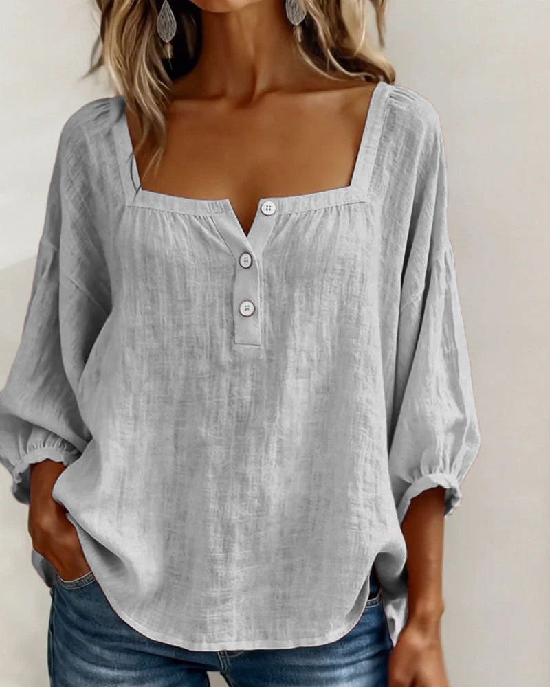 Harper | Cotton-Linen Square Collar Blouse