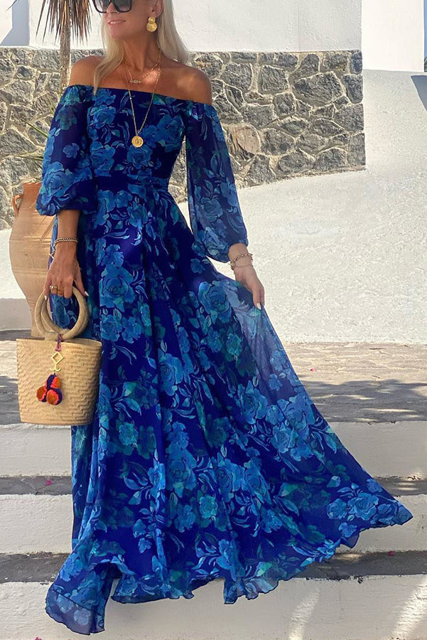 Francesca - Long dress with floral pattern and off-the-shoulder sleeves